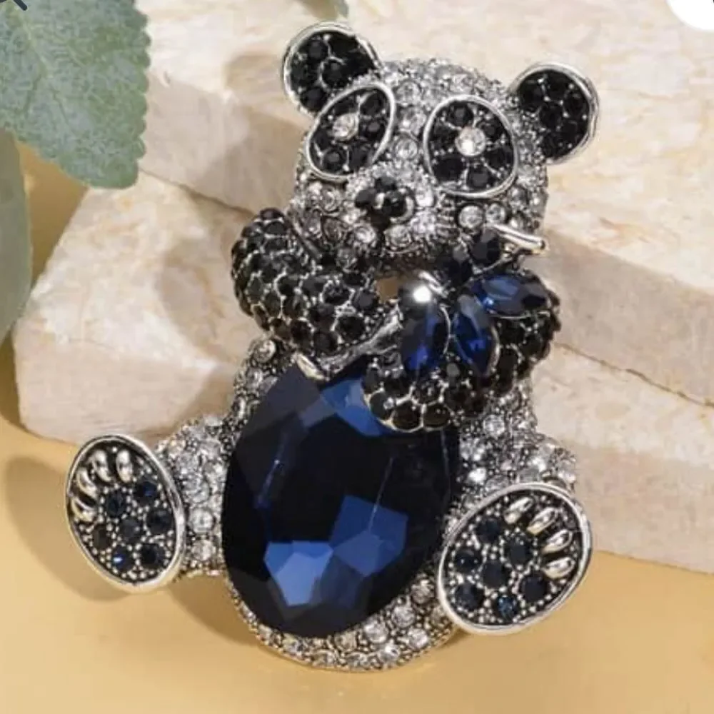 Crystal Blue Glass Panda Brooch